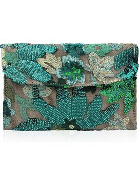 Women's Green Embroidered Sequin Beaded Floral Wedding Clutch Evening Bag